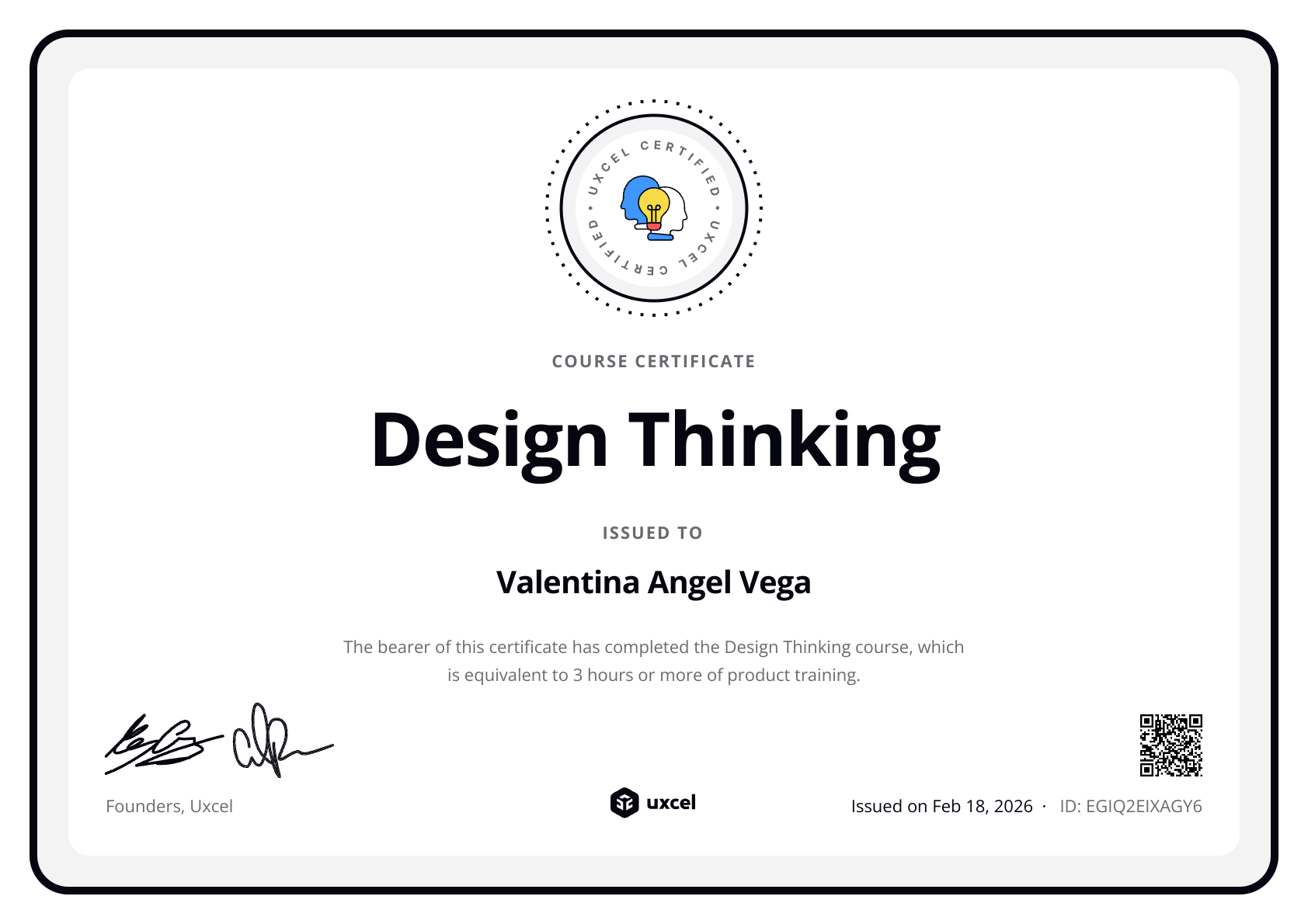 Valentina Angel Vega's certificate
